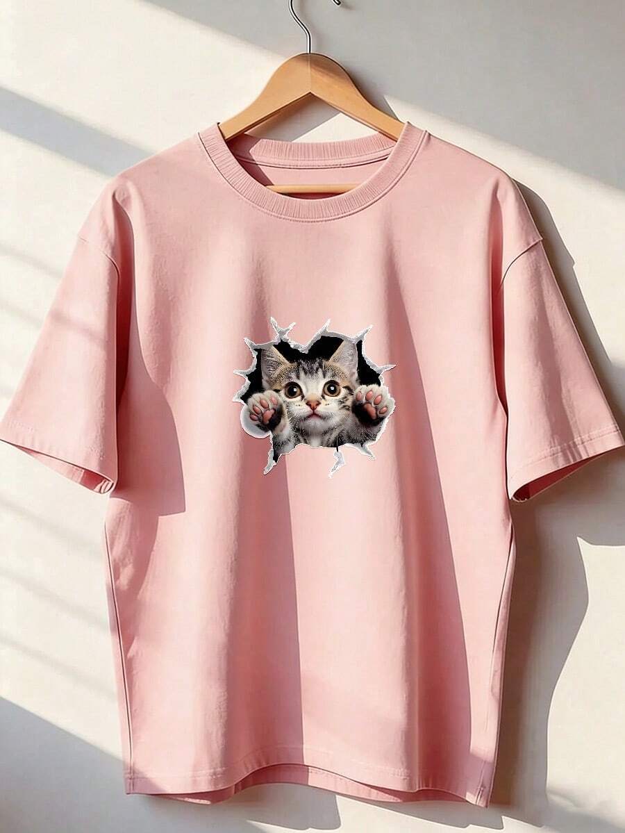Cute And Realistic Style Short-Sleeve T-Shirt, Fashionable Short-Sleeve T-Shirt For Spring And Summer 2026, Made In Mexico, 180 Grams. Cartoon Print, Couple Design, Suitable For Indoor Or Outdoor Wear. Crew Neck, Unisex, Ideal For Office And Leisure. One-Piece Pack. - PK-P631577SLNDXZGY566 - 查看 1