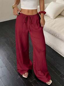 Pantalones de pierna ancha con bolsillo en diagonal, cintura anudada y tela de textura de unicolor para mujer - Negro - Ver 10