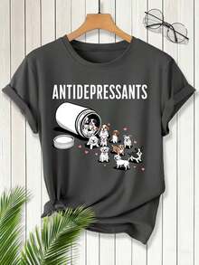 Short-Sleeved T-Shirt With A Round Neck And A Cute Dog Print Featuring "Anti-Depressants". This New, Loose-Fitting, Versatile, Minimalist-Style T-Shirt With A Round Neck And A Cute Print Is Suitable For Everyday Wear And Holidays. - 深灰色 - 查看 10