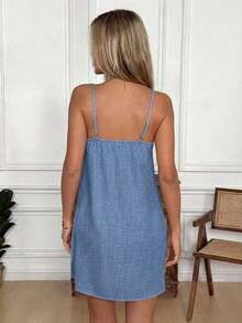Vestido camisero casual de vacaciones para mujer con decoración bordada de flores 3D - Azul - Ver 7