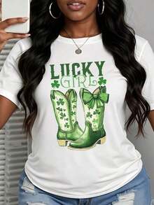 Lucky Girl Women's Casual Short Sleeve T-Shirt With Green Cowboy Boots Design For St. Patrick's Day, Irish Themed Clothing. - 白色 - 查看 2