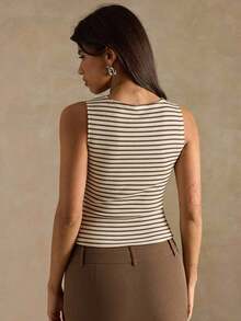 Camiseta de tirantes ajustada a rayas para mujer, ropa de verano y otoño para mujer, ropa de invierno para mujer, disfraces de Halloween, top marrón, top a rayas - Multicolor 2 - Ver 2