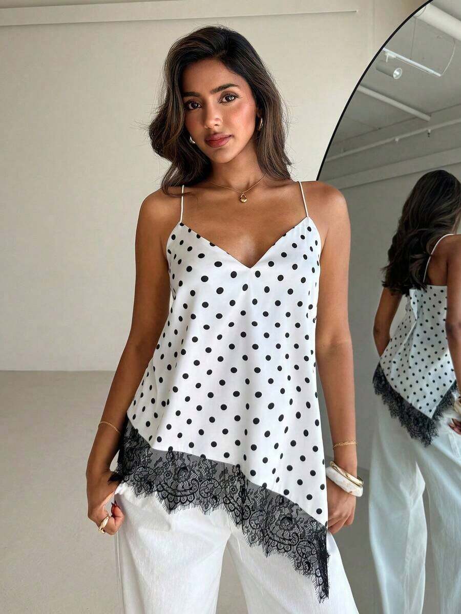 Top de tirantes de mujer con encaje y bajo asimétrico - Blanco 6 - Ver 1