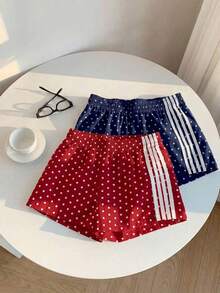 2 piezas Shorts casuales de estilo callejero para mujer con contraste de color en la cinta, shorts de lunares, verano - Multicolor - Ver 3