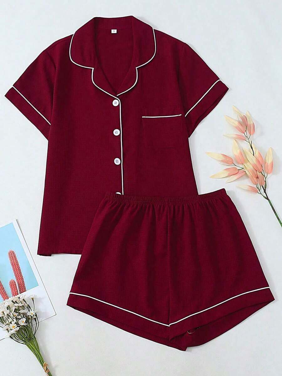 Set de 2 piezas de ropa de dormir de verano para mujer: top de manga corta y shorts, ropa casual y cómoda para el hogar y uso casual - Burdeos - Ver 1