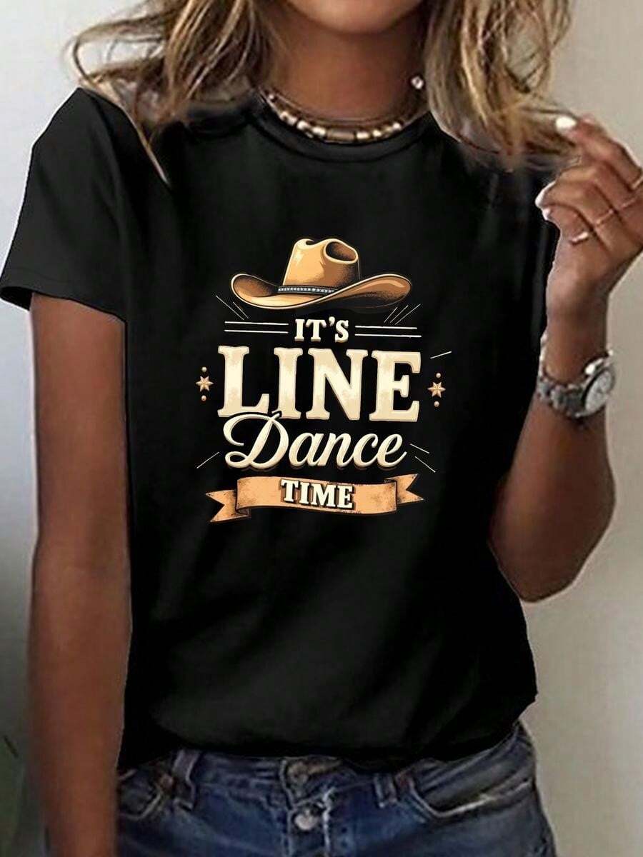 1 Piece, Classic And Versatile Pure Cotton Short-Sleeved T-Shirt, Ideal For Wearing In Any Season, With A Dance Of Time Print Design In A Feminine Style S, With A Fashionable Touch - Black - View 1