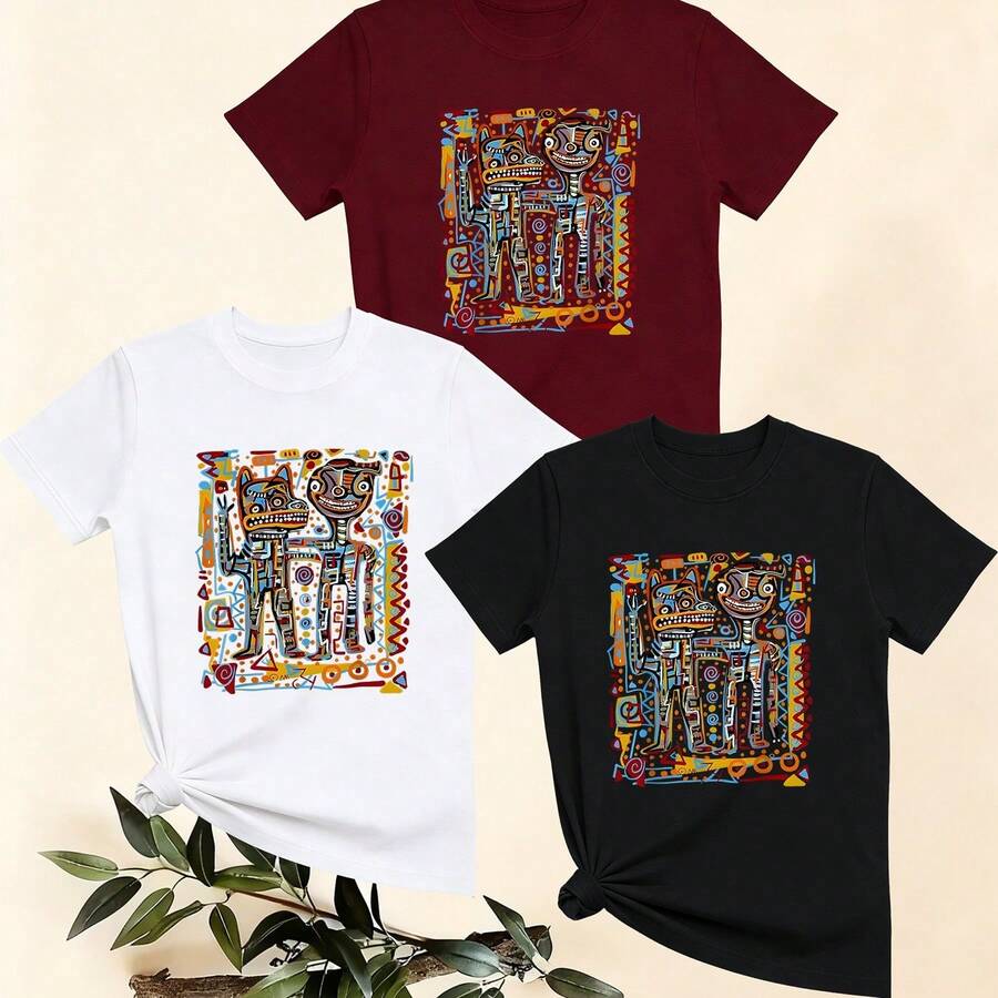 Women's T-Shirts, Women's T-Shirts, Casual One-Piece T-Shirt With Creative Abstract Cartoon Character Print, Comfortable Short Sleeve Round Neck Top. - 1件黑色隨機圖案 - 查看 1