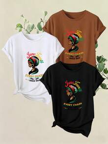Women's T-Shirts, Three-Piece Set "Juneteenth Breaking Every Chain", Short-Sleeved Print With Round Neck,  Summer Casual Style, Breathable And Comfortable Streetwear For Women, Modern Sports Top For Women. - 1件黑色隨機圖案 - 查看 4