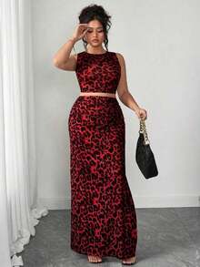 Conjunto de dos piezas de top de tirantes y falda con estampado de leopardo talla grande, sexy pero apropiado para el uso diario y el transporte - Rojo - Ver 4