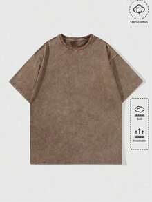 Women's & Men's ROMWE MEN Camiseta de verano de manga corta con cuello redondo casual y versátil de unicolor para hombre - Café integral - Ver 6