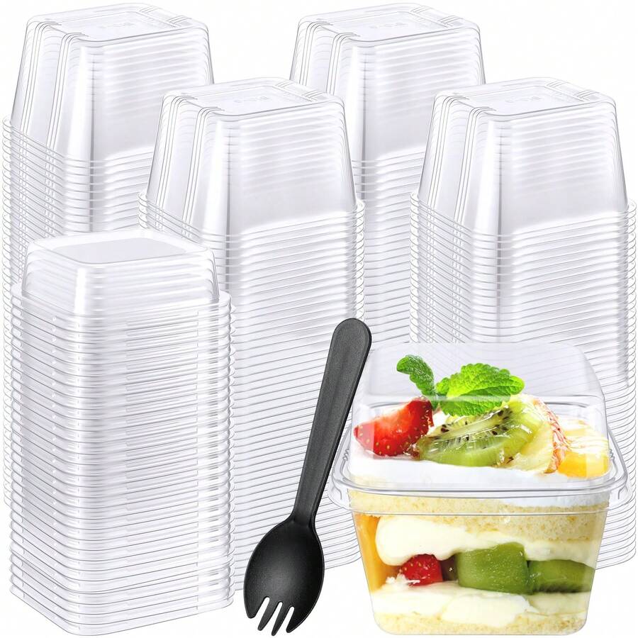 300Pcs Square Clear Disposable Dessert Cups With Lids Spoons & Forks, 10oz 12oz Leak Proof Stackable Plastic Food Containers, Transparent Mousse Pudding Ice Cream Fruit Snack Cups For Party Wedding Birthday Banquet Home Use - B10-9 - View 1
