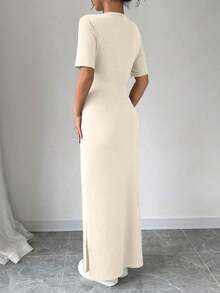 Vestido largo de mujer de manga corta con cuello en V y bajo dividido, de unicolor, vestido maxi elegante de color burdeos, vestido largo ajustado, vestido largo rojo, vestido maxi de manga corta para mujer, vestidos de mujer, vestido largo ajust - Albaricoque - Ver 2