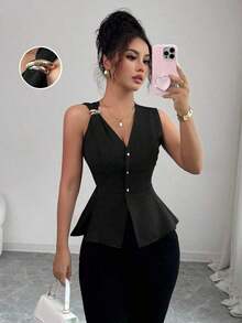 Nueva llegada Blusa de verano minimalista y elegante para mujer con diseño de hebilla de metal, cuello en V sin mangas y cintura ceñida a rayas de algodón cómodo - Negro - Ver 6