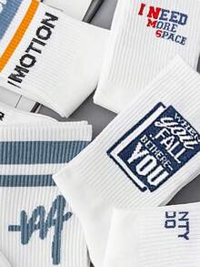 5 Pairs Random Vintage Letter & Number Print Socks, Fashionable Men's Sports Socks, Cool Style - Multicolor - View 4