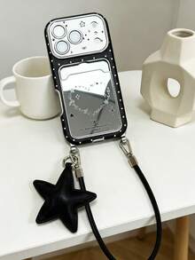 星星鏡面卡夾手機殼 + 掛繩 + 星星吊飾 防摔手機殼，適用於 Apple 13 14 15 15PRO 15PLUS 15PROMAX 16 16Pro 16Plus 16Promax IPhone17 IPhone17PRO IPhone17PROmax 18 18PRO 18PROMAX - 黑色 - 查看 5