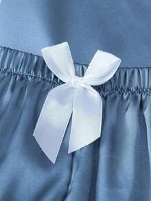 Conjunto de pijama de 2 piezas con camisa de manga corta con solapa y pantalones cortos con moño, ropa de dormir para mujer, conjunto de dos piezas - Azul - Ver 8