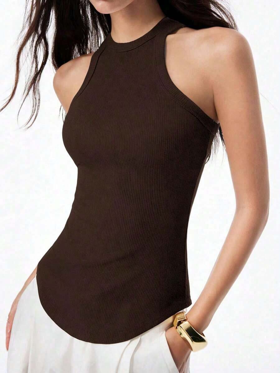 Camiseta sin espalda acanalada con bajo curvo de color azul marino, camiseta sin espalda de uso diario casual, camiseta ajustada de mujer de color azul marino - Marrón - Ver 1