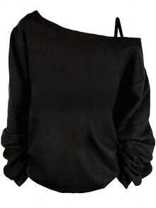 Camiseta de manga larga con hombros caídos, suelta y casual, para primavera y otoño - Negro 4 - Ver 7