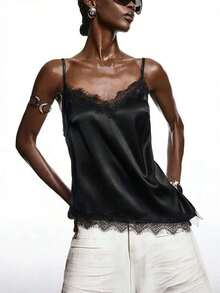 2026 Nueva blusa de satén brillante con encaje gris minimalista de primavera, camisola con adorno de encaje elegante adecuada para primavera/verano; camisa elegante adecuada para fiesta, primavera, Navidad, Año Nuevo; blusa de camisola de satén eleg - Negro - Ver 9