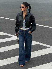Women's Autumn Clothing, Short PU Leather Jacket With Lapel Detail And Drop Shoulders, Casual Button Jacket With Drop Shoulder Collar, Regular Fit, Solid Color, Suitable For Daily Wear. - 黑色 - 查看 6