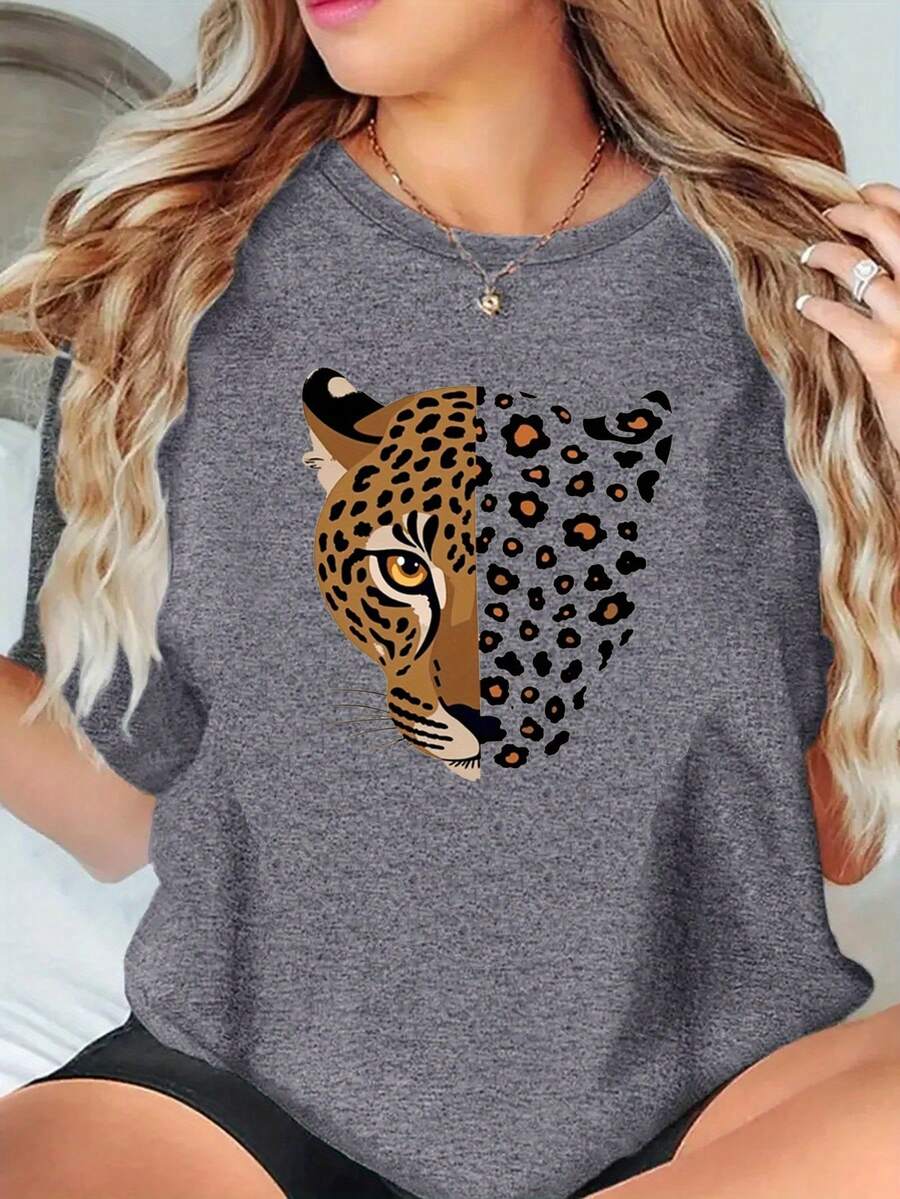 Women's Leopard Print Crew Neck T-Shirt - Casual Short Sleeve Blouse With Wild Animal Design For Summer And Casual Outfits, Comfortable And Machine Washable, Ideal For All Seasons - 灰色的 - 查看 1