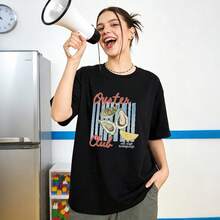 Women's Summer Clothing, Soft And Casual Cotton T-Shirt With Round Neck, Printed With A Lemon Slice And Oyster Design In Watercolor Texture, Oyster Club Font. White. - 黑色 - 查看 2