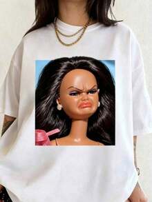 Camiseta de Verano para Mujer con Diseño de Cara de Muñeca Enojada y Asustada, Meme Divertido - Blanco - Ver 1