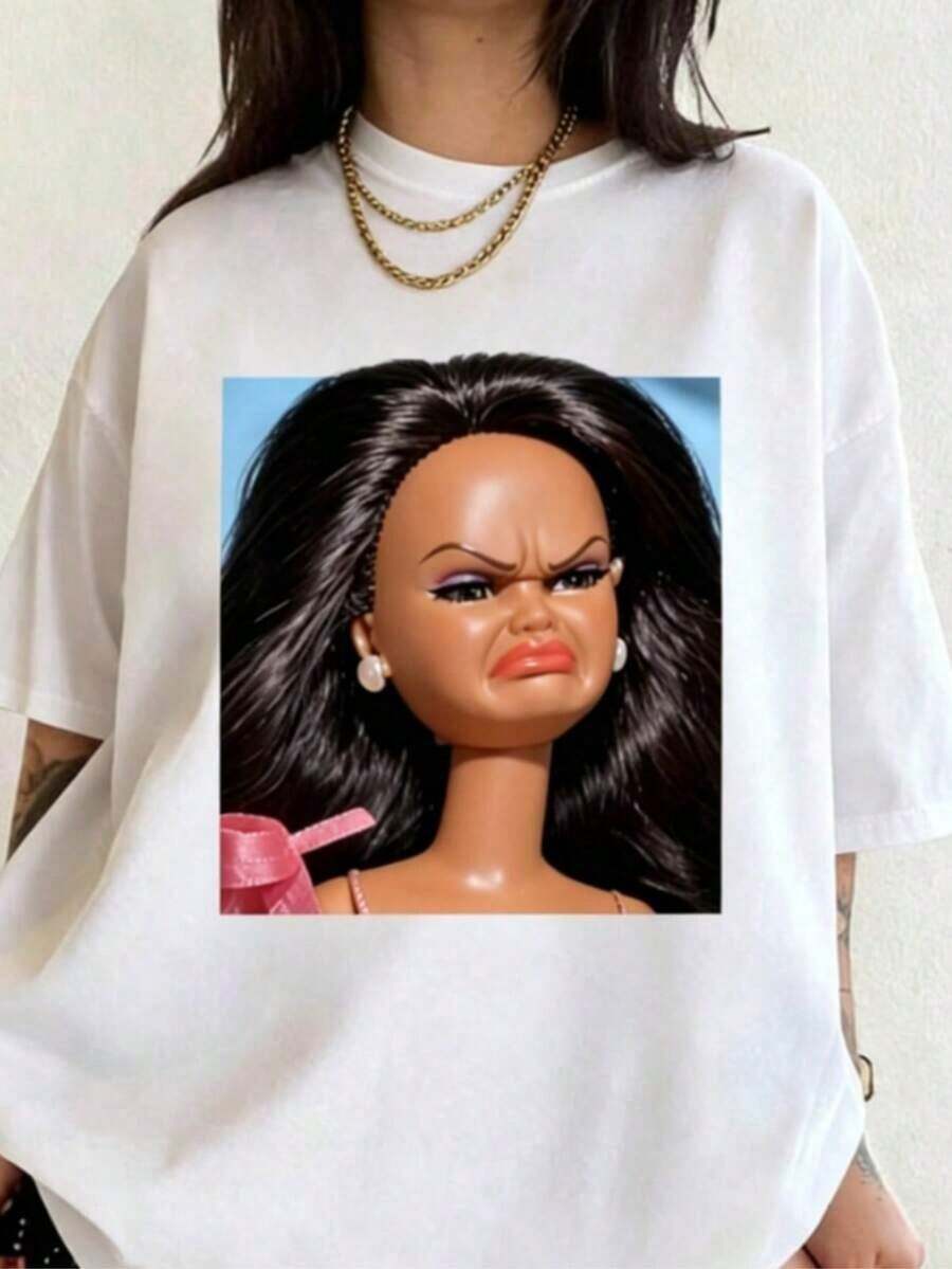 Camiseta de Verano para Mujer con Diseño de Cara de Muñeca Enojada y Asustada, Meme Divertido - Blanco - Ver 1