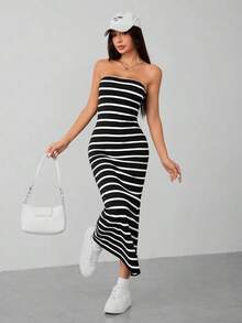 Vestido de mujer con rayas tejidas y top tubular - Blanco y Negro - Ver 4