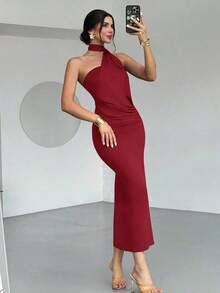 Vestido suelto con mangas acampanadas asimétricas de color marrón moca para mujer, vestido largo de moda, ropa de primavera/verano, adecuado para ir al trabajo, elegante, sexy, vacaciones, playa, estilo bohemio, Hawái, festivales de música, fiestas, atuendo de trabajo - Burdeos - Ver 7
