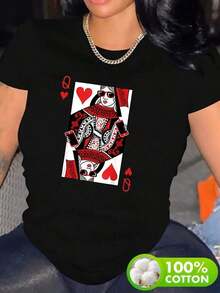 Plus Size Women's Clothing, Casual Short Sleeve T-Shirt For Women - Bold Red Heart Queen Pattern Print, Black And Red Brand Design, Soft Cotton Fabric, Round Neck, Machine Washable, Comfortable All Season Top, Non-See-Through Material, Fashionable Women's T-Shirt - 黑色 - 查看 1