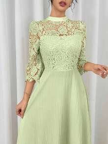 Vestido largo de manga larga con parches de bordado de ojal amarillo para mujeres - Verde - Ver 6
