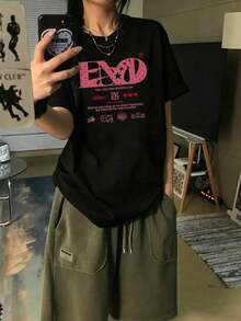 Women's Short-Sleeved T-Shirt, 100% Cotton. Loose, Versatile, And Fashionable Design. Weight: 200g. One-Piece Top. - 黑色 1 - 查看 2