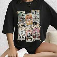 100% cotton Camiseta gótica para mujer con estampado de esqueleto de tarot - Camiseta casual negra de mezcla elástica y spandex con símbolos misteriosos, lavable a máquina, cuello redondo. - Negro - Ver 6