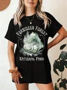 100% cotton Camiseta Gráfica Retro de Parque Nacional "Bosque Prohibido" para Mujer - Talla Grande, Color Beige Casual, para Uso Diario, Urbano, Verano, Vacaciones, Aire Libre, Casual, Cómoda, Aventura, Fantasía, Senderismo, Viajes, Fin de Semana y Ropa Inspirada en la Naturaleza. - Negro - Ver 6