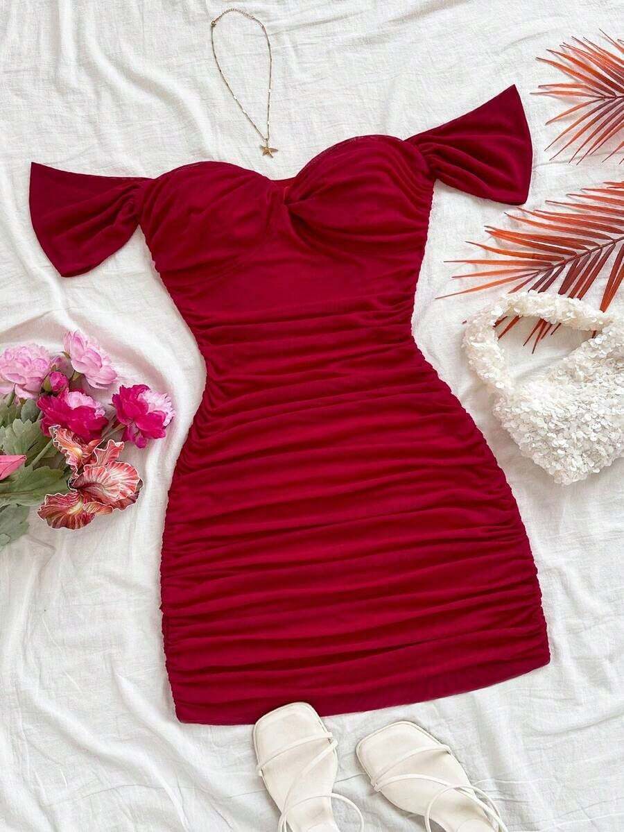 Vestido mini ajustado de punto rojo con hombros descubiertos para mujer, diseño con espalda calada, adecuado para vacaciones, citas, té de la tarde, temporada de bodas, playa, crucero, vacaciones en la ciudad, vacaciones bohemias, festivales de - Rojo 2 - Ver 1