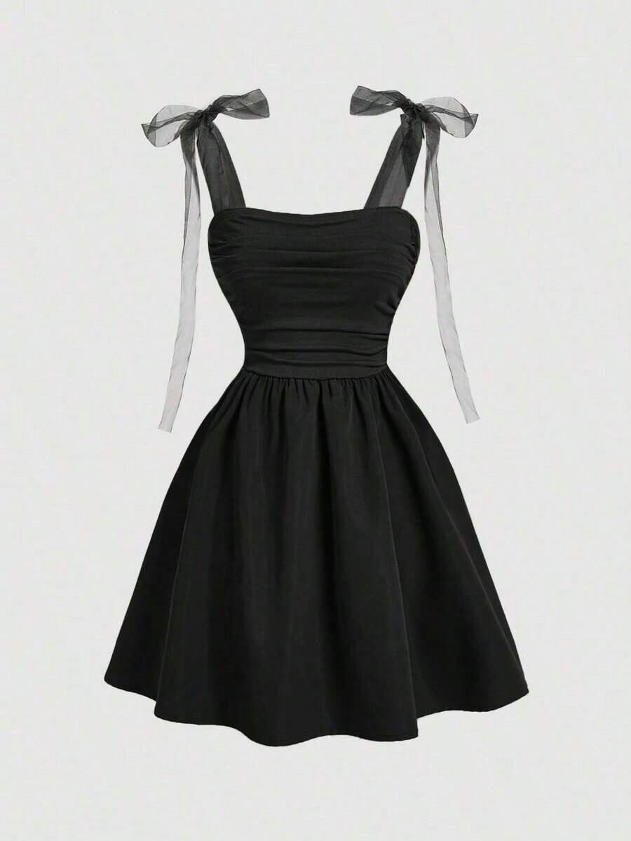 Vestido corto de mujer con estampado de teñido anudado, hombros fruncidos y diseño de nudo a la moda - Negro - Ver 1