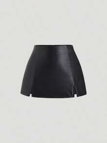 Falda mini casual de fiesta con abertura y corte en A de ante color Maillard para mujer, para otoño/invierno - Negro 2 - Ver 1