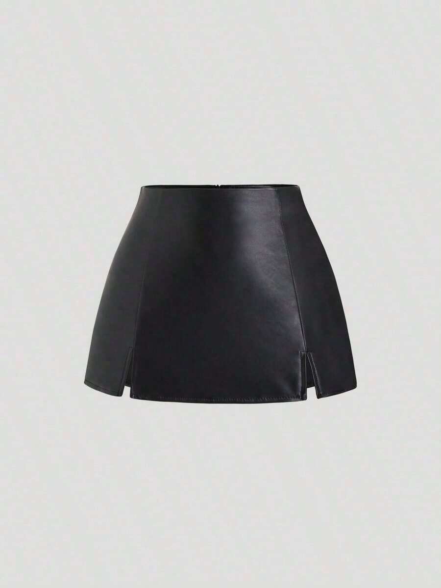 Falda mini casual de fiesta con abertura y corte en A de ante color Maillard para mujer, para otoño/invierno - Negro 2 - Ver 1