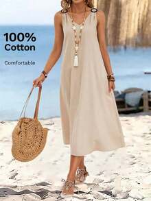 Vestido largo de verano de mujer con cuello en V sin mangas y hebilla circular de unicolor, vestido casual de verano, vestido de playa casual, vestidos de verano para mujer, atuendos de verano para mujer, vestidos casuales para mujer, vestidos de - Caqui - Ver 8