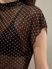 amiseta de mujer con cuello Mao, manga de murciélago y estampado de lunares transparente.Versátil para el verano, elegante para el transporte urbano, estilo académico vintage, ocasión formal de oficina Y2K, transporte urbano el - Marrón - Ver 7