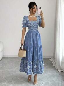 Vestido de línea A con cintura ceñida, cuello cuadrado y estampado, elegante para vacaciones, uso diario, de manga corta - Azul lavado medio - Ver 12