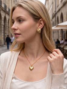 1 Set Stainless Steel Gold Jewelry Set For Women Quilted Heart Necklace Earrings, Hypoallergenic Textured Tarnish Free Gift For Her - Gold - View 7