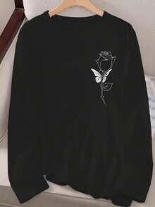 Una camiseta negra de manga larga con estampado de rosas, corte ligeramente holgado, esencial para vacaciones casuales, lavable a máquina pero no apta para limpieza en seco, hecha de tela, adecuada para todas las estaciones - Negro - Ver 2