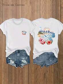 3 piezas 1 pieza de camiseta para mujer|   Estilo Vacaciones en la Playa,% Suave y Transpirable, Estilo Boho con Estampado Floral, Cuello Redondo, Manga Corta Casual, Gráfico de Flor de Hibisco en la Parte Delantera y Trasera, Estilo Tropical de Playa para Conjuntos de Verano - Conjuntos de Verano para Mujer|Moda Urbana Local de Primavera/Verano||Uso Casual Diario Primavera Verano Moderno Moldeador|Conjunto de verano para mujer, ropa de vacaciones|Blusas elegantes para mujer, ropa de primavera, blusas de verano. - Blanco - Ver 1
