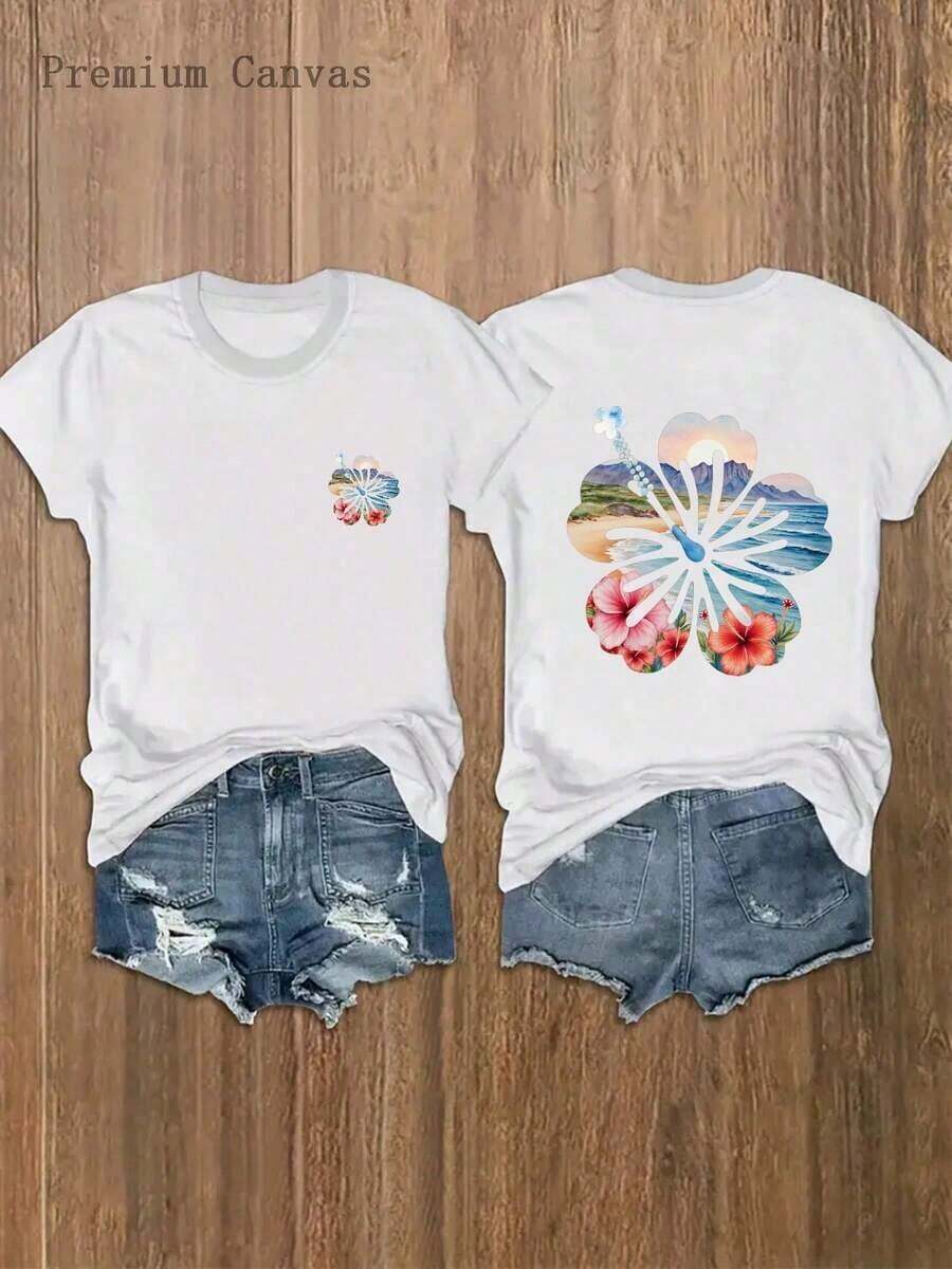 3 piezas 1 pieza de camiseta para mujer|   Estilo Vacaciones en la Playa,% Suave y Transpirable, Estilo Boho con Estampado Floral, Cuello Redondo, Manga Corta Casual, Gráfico de Flor de Hibisco en la Parte Delantera y Trasera, Estilo Tropical de Playa para Conjuntos de Verano - Conjuntos de Verano para Mujer|Moda Urbana Local de Primavera/Verano||Uso Casual Diario Primavera Verano Moderno Moldeador|Conjunto de verano para mujer, ropa de vacaciones|Blusas elegantes para mujer, ropa de primavera, blusas de verano. - Blanco - Ver 1