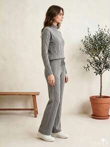 1pc Casual Blouse And Pants Set, Daily Winter Modal Knit, Classic Cable Knit - 查看 2