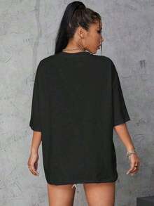 Women's Short-Sleeved Crew Neck T-Shirt With A Print, Made From Pure Cotton. The Classic, Minimalist Crew Neck Is Versatile And Flattering For All Body Types. Perfect For Dates, Commuting, And Casual Outings. - Black - View 3