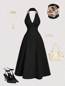 Vestido midi elegante sin mangas con decoración floral 3D de metal y plisados para mujer - Negro - Ver 3