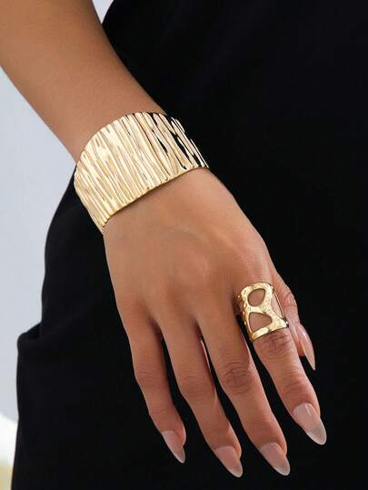 1 Set Elegant Fashion Creative Metal Stripe Open Adjustable Bracelet + Ring Exaggerated Jewelry Set For Women